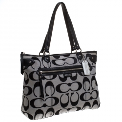 Pre Owned Coach Black/Grey Daisy Outline Canvas and Leather Emma Tote