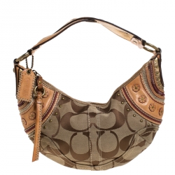 Pre Owned Coach Beige/Tan Signature Canvas and Leather Studded Mia Soho Hobo