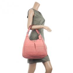 Pre Owned Coach Salmon Pink Madison Maggie Woven Leather Shoulder Bag