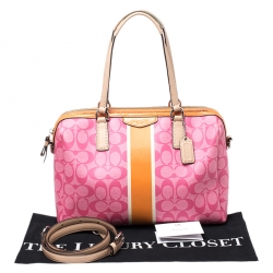 Pre Owned Coach Pink/Orange Signature Coated Canvas and Leather Nancy Stripe Satchel