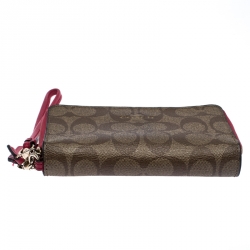 Pre Owned Coach Brown/Pink Canvas Double Zip Phone Wallet