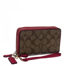 Pre Owned Coach Brown/Pink Canvas Double Zip Phone Wallet