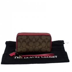 Pre Owned Coach Brown/Pink Canvas Double Zip Phone Wallet
