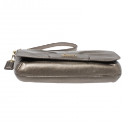 Coach Metallic Pale Green Leather Ashley Flap Wristlet Clutch