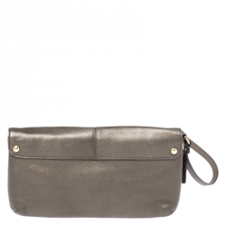 Coach Metallic Pale Green Leather Ashley Flap Wristlet Clutch