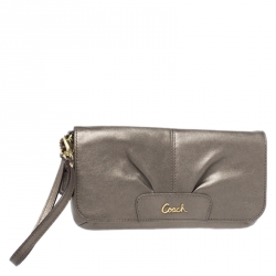 Coach Metallic Pale Green Leather Ashley Flap Wristlet Clutch