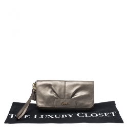 Coach Metallic Pale Green Leather Ashley Flap Wristlet Clutch