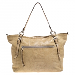 Coach Light Yellow Crocodile Effect Leather Buckle Shopper Tote