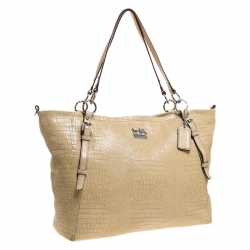 Coach Light Yellow Crocodile Effect Leather Buckle Shopper Tote