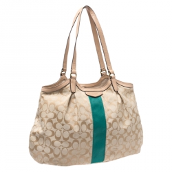 Coach Beige/Green Signature Canvas and Leather Devin Stripe Shoulder Bag