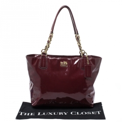 Pre Owned Coach Burgundy Patent Leather Madison Zip Tote