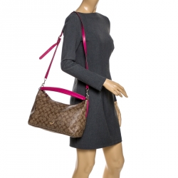 Coach Dark Beige/Magenta Signature Coated Canvas Zip Hobo