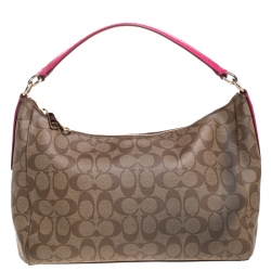 Coach Dark Beige/Magenta Signature Coated Canvas Zip Hobo