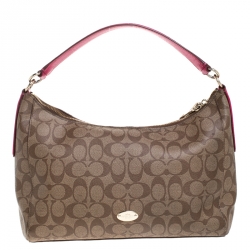 Coach Dark Beige/Magenta Signature Coated Canvas Zip Hobo