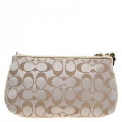 Pre Owned Coach Beige Signature Canvas and Leather Wristlet Clutch