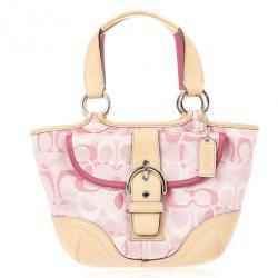 Pre Owned Coach Pink Monogram and Beige Leather Small Tote