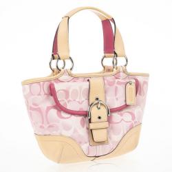 Pre Owned Coach Pink Monogram and Beige Leather Small Tote