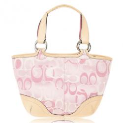 Pre Owned Coach Pink Monogram and Beige Leather Small Tote