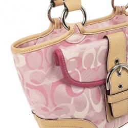 Pre Owned Coach Pink Monogram and Beige Leather Small Tote