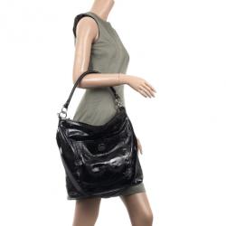 Pre Owned Coach Signature Stripe Black Leather Multifunction Diaper Tote