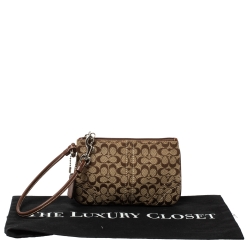 Coach Brown/Beige Signature Canvas and Leather Wristlet Clutch
