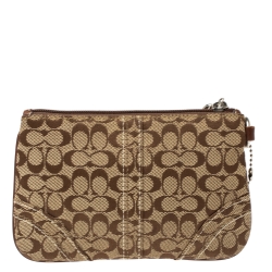 Coach Brown/Beige Signature Canvas and Leather Wristlet Clutch
