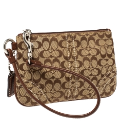 Coach Brown/Beige Signature Canvas and Leather Wristlet Clutch