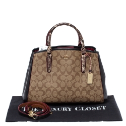Pre Owned Coach Tricolor Signature Coated Canvas/ Croc Embossed Leather Sage Carryall Satchel