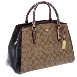 Pre Owned Coach Tricolor Signature Coated Canvas/ Croc Embossed Leather Sage Carryall Satchel