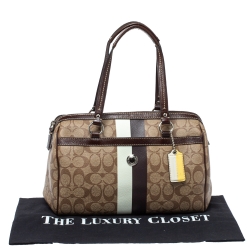 Pre Owned Coach Beige/Brown Signature Coated Canvas Heritage Stripe Satchel