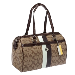 Pre Owned Coach Beige/Brown Signature Coated Canvas Heritage Stripe Satchel