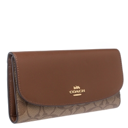 Pre Owned Coach Brown Signature PVC and Leather Saddle Flap Continental Wallet