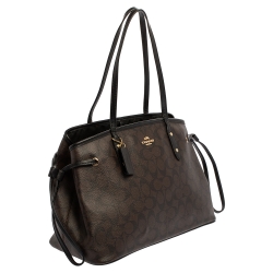 Pre Owned Coach Brown/Black Signature Coated Canvas and Leather Carryall Drawstring Shoulder Bag