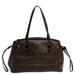 Pre Owned Coach Brown/Black Signature Coated Canvas and Leather Carryall Drawstring Shoulder Bag