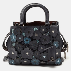 Pre Owned Coach Blue Leather Tea Rose Rogue 25 Tote