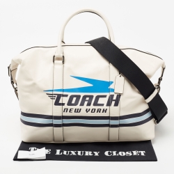 Pre Owned Coach White/Blue Leather Vintage Coach Motif Duffle Bag