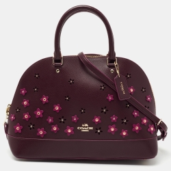 Pre Owned Coach Purple Floral Applique Leather Sierra Satchel