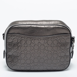 Coach Metallic Silver Signature Embossed Leather Camera Crossbody Bag