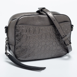Coach Metallic Silver Signature Embossed Leather Camera Crossbody Bag