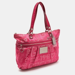 Pre Owned Coach Pink Signature Canvas and Patent Leather Poppy Laura Secret Admirer Tote
