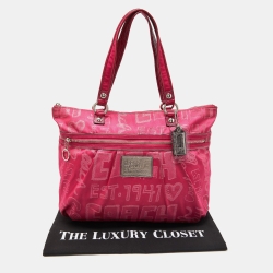 Pre Owned Coach Pink Signature Canvas and Patent Leather Poppy Laura Secret Admirer Tote