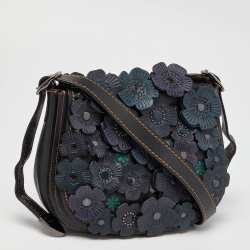 مملوكة مسبقًا Coach Black/Blue Leather Floral Applique Saddle Crossbody Bag