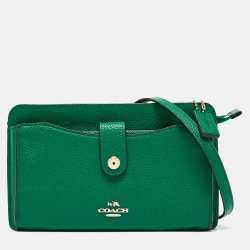 Pre Owned Coach Green Leather Noa Pop Up Wallet on Chain