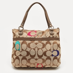 Pre Owned Coach Bronze/Beige Signature Canvas and Patent Leather Poppy Tote