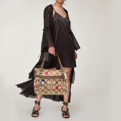 Pre Owned Coach Bronze/Beige Signature Canvas and Patent Leather Poppy Tote