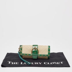 Pre Owned Coach Green/Beige Woven Raffia and Patent Leather Buckle Flap Wristlet Clutch