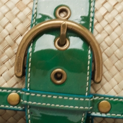 Pre Owned Coach Green/Beige Woven Raffia and Patent Leather Buckle Flap Wristlet Clutch