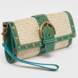 Pre Owned Coach Green/Beige Woven Raffia and Patent Leather Buckle Flap Wristlet Clutch