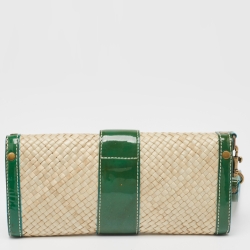 Pre Owned Coach Green/Beige Woven Raffia and Patent Leather Buckle Flap Wristlet Clutch