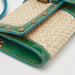Pre Owned Coach Green/Beige Woven Raffia and Patent Leather Buckle Flap Wristlet Clutch
